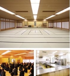百畳敷日本間(日本料理宴会厨房）懐石料理、茶懐石料理、会席、松花堂などを実践実習し、日本の「心」や「作法」を学ぶ空間。