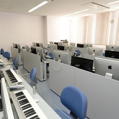 作曲を学ぶためのコンピュータ教室サウンドクリエイション、DAW、サウンドプロダクションなどの授業で、コンピュータミュージックに関する技術を身につけます。