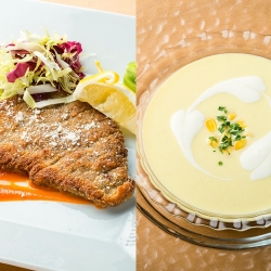 【西洋料理】牛フィレ肉のカツレツ＆トウモロコシの冷製スープ